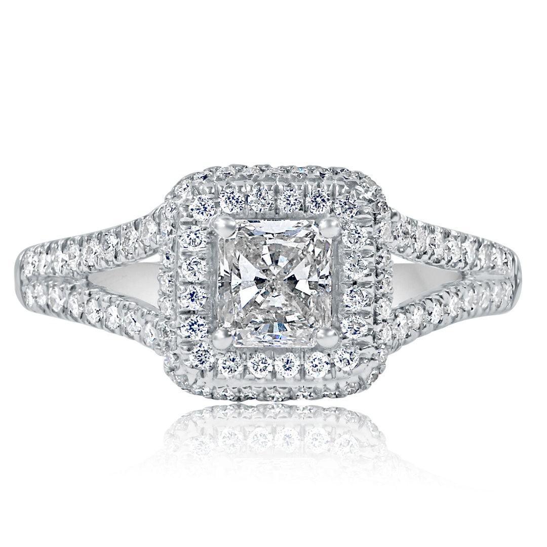 1.09ctw Radiant Cut Diamond Halo Engagement Ring, 18k White Gold Split ...