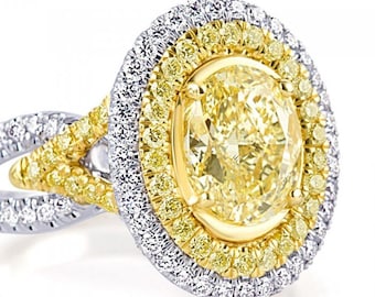 3.22Ctw Oval Yellow Diamond Engagement Ring, 18k Gold Double Halo, Modern Split Shank