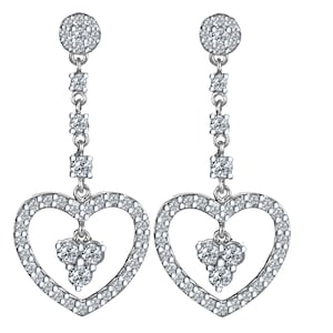 1.20 Ct True Love Heart Earrings, Bridal Diamond Earrings, Round Cut Diamonds Earrings, Women&#39;s, Wedding, 14k White Gold, Push Back Closure