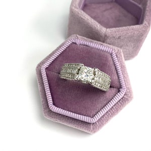 Anillo de compromiso con diamantes de talla princesa de 2,20 ct, anillo de diamantes para propuesta, diamantes de talla princesa y redonda, diseño vintage de 3 filas, oro blanco de 14 k