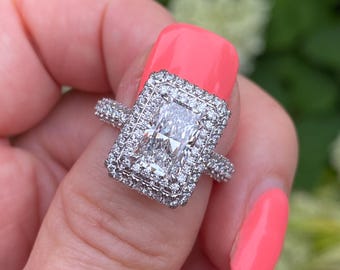 IGI 4 Carat Radiant Lab Diamond Ring: 14k White Gold Double Halo Eternity Band