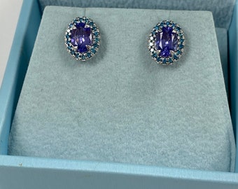 2 Carat Tanzanite Halo Stud Earrings, Blue Diamond, 14k White Gold
