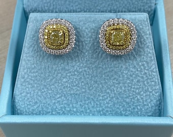 1.73Ct Fancy Yellow Cushion Diamond Stud Earrings, 14k White Gold Double Halo
