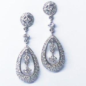 Stunning 1.20 Ct Diamond Vintage Inspired Drop Dangle Earrings, Real Natural Diamonds, Women&#39;s, Wedding, Bridal,  14k White Gold
