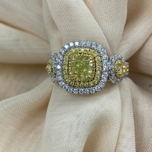 GIA Certified Cushion Cut Natural Fancy Yellow Diamond Ring, 2.05 Ct Art Deco Design, Cushion Diamond Proposal Ring, 18k White Gold