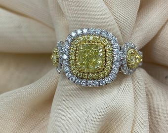 GIA Certified 2.05Ctw Cushion Cut Fancy Yellow Diamond Engagement Ring, 18k White Gold Halo