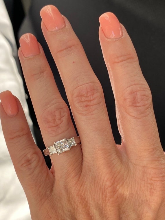 1.47 Ct Princess Cut Diamond Engagement Ring Three Stone Diamond Proposal Ring Past Present Future White Gold Solid Band 14k White Gold Etsy