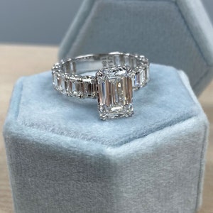 Emerald Cut Lab Grown Diamond GIA Certified 3.09Ct D-VS1 Engagement Ring, 7.05 TCW Hidden Halo Wedding Eternity Diamond Ring 18k White Gold