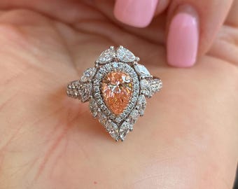 1.86ctw Fancy Vivid Pink Pear Lab Grown Diamond Sunburst Ring, 14k White Gold