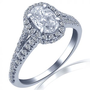 1.35Ctw Oval Diamond Halo Engagement Ring, 14K White Gold Split Shank
