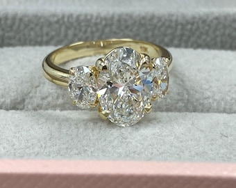 3Ct Oval Lab Grown Diamond Three Stone Engagement Ring, IGI Certified