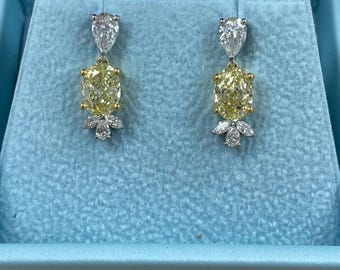 3.42Ct IGI Certified Fancy Yellow Oval Lab Grown Diamond Drop Earrings 14K White Gold