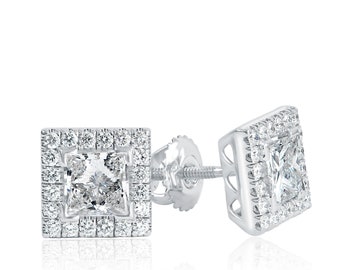 1.85 Ct Princess Cut Diamond Stud Earrings, 14k White Gold, Halo Studs