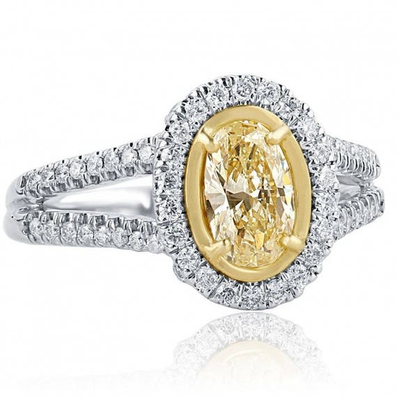 Oval Yellow Diamond Halo Engagement Ring, 14k White Gold Split Shank