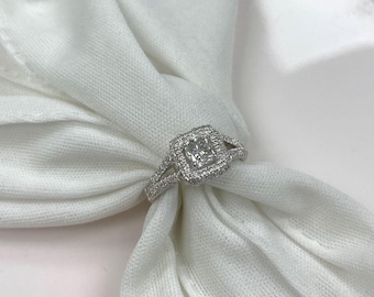 Cushion Cut Diamond Engagement Ring, 18k White Gold Split Shank, 1.11 ct