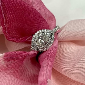 East West Marquise Cut Diamond Engagement Ring, 0.93Ctw Horizontal Set Diamond Ring 14k White Gold, Double Halo Engagement Ring, Anniversary