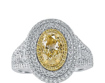 GIA 2.27CT Yellow Oval Diamond Engagement Ring, 18k White Gold Double Halo