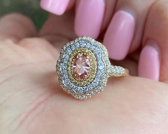 Vintage Inspired Oval Pink Lab Grown Diamond Ring, 14k Yellow Gold Triple Halo