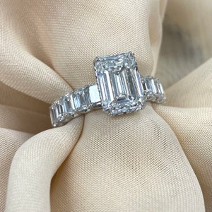 6.38 Carat Emerald Cut E-VVS2 Lab Grown Diamond Engagement Ring, Hidden Halo IGI Certified Emerald Cut Diamond Ring Eternity Band 18K, Gift