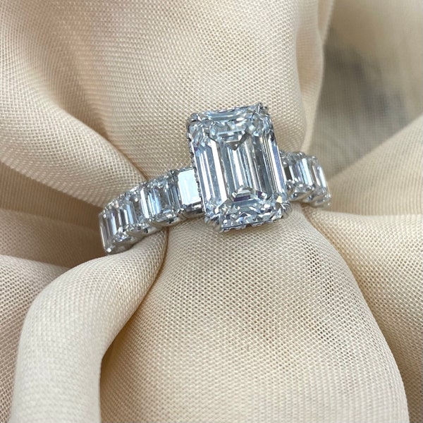 6.38Ctw Emerald Cut Lab Grown IGI Diamond Engagement Ring, 18K White Gold Eternity Band