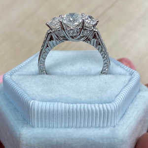 3 Stone Engagement Ring, 1.24Ct Round Diamond Three Stone Engagement Ring, Vintage Past Present Future Ring, Pattern Band, 14k White Gold