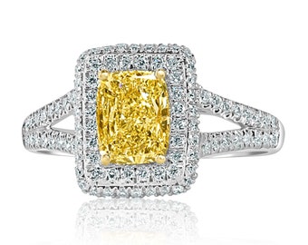 1.60Ctw Cushion Cut Yellow Diamond Halo Engagement Ring, 18k White Gold