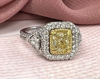 2.39Ctw Fancy Yellow Cushion Diamond Halo Ring, 18k White Gold Engagement Ring