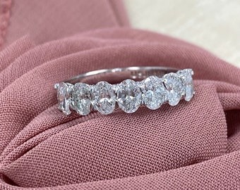 1.50 Ct Oval Cut Lab Grown Diamond Wedding Band: 7 Stones, 14k Gold Stacking Ring