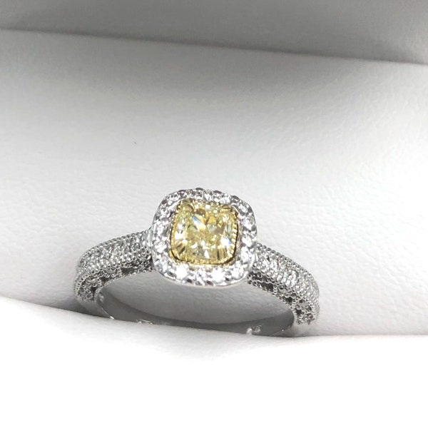 Reserved, First Installment for Millgrain Edged Cushion Diamond Engagement Ring, 0.90CT Natural Fancy Yellow Diamond Ring 14k White Gold