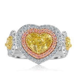GIA Certified 3.31 Ct Heart Shaped Diamond Ring, Natural Light Yellow Diamond, Art Deco Design, Double Halo Engagement Ring, 18k White Gold