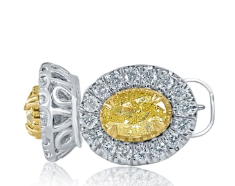 1.44 CT Natural Fancy Yellow Diamond Halo Stud Earrings, 14k White Gold