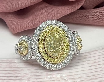 GIA Certified 1.86CT Fancy Yellow Oval Diamond Engagement Ring, 18k White Gold Art Deco