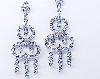 1.45 Ct Art Deco Vintage Inspired Chandelier Earrings, Three Tier Dangle Earrings, Natural Round Diamonds, Women's, Wedding, 14k White Gold