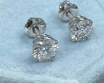 2.01 TCW Diamond Stud Earrings, 14k White Gold, Round Cut, Screw Back