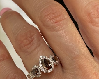 1.65Ctw Fancy Brown Pear Diamond Halo Engagement Ring, 14k White Gold