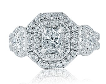 1.77Ctw Radiant Diamond Double Halo Engagement Ring, Pear Side Stones, 18k White Gold