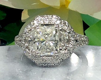 2.76 Ct Radiant Cut Diamond Engagement Ring: Half Moon Side Stones, 18k White Gold