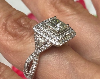2.20Ctw Princess Cut Diamond Halo Engagement Ring, Trillion Accents, 18k White Gold Infinity Band