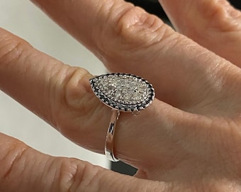 Pear 0.90CT Diamond Cluster Ring, Black Diamond Halo, 10K White Gold