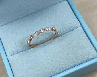 0.75 Ct Pink & White Lab Grown Diamond Wedding Band, 14k Rose Gold