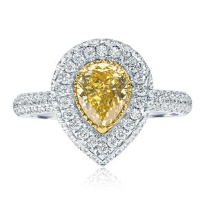 GIA Certified 1.95CT Natural Fancy Yellow Pear Diamond Engagement Ring, Art Deco Design Ring 18k White Gold, Pear Shaped Diamond Halo Ring
