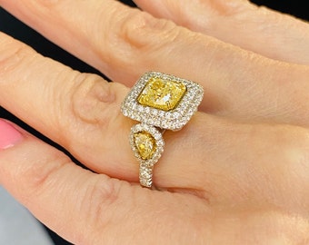 3.31Ctw Fancy Yellow Cushion Diamond Engagement Ring, Pear Sides, 18k Gold