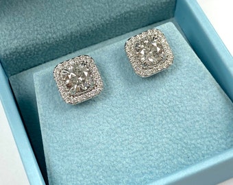 3.20Ct Round Diamond Halo Stud Earrings, 14k White Gold