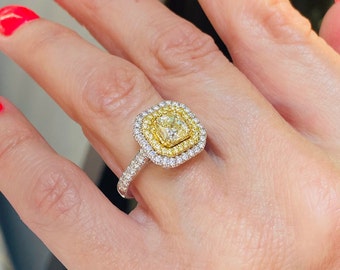 GIA 1.79Ctw Radiant Cut Yellow Diamond Engagement Ring, 14k Two-Tone Gold Halo Ring