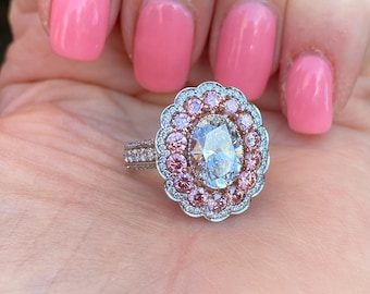 4.60Ctw Oval Lab Grown IGI Diamond Engagement Ring, Vivid Pink Halo, 14K White Gold