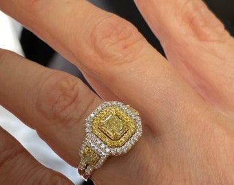 Anillo de compromiso con diamantes amarillos de talla radiante de 2,02 quilates GIA, Art Déco, oro blanco de 18 k