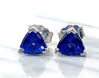 1 Carat Tanzanite Trillion Stud Earrings: 14k White Gold Birthstone
