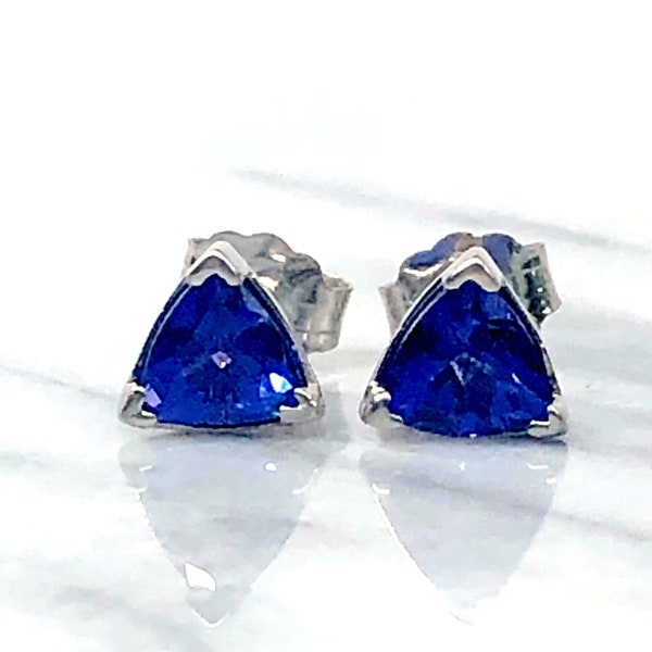 1 Carat Tanzanite Trillion Brilliant Cut Stud Earrings in 14k White Gold, Genuine Tanzanite Post Studs for Women