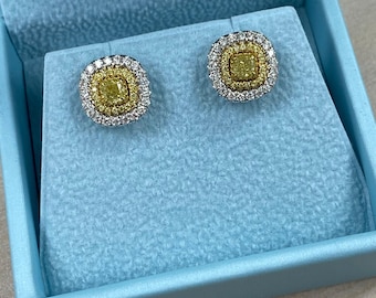 1.10Ct Cushion Cut Natural Fancy Yellow Diamond Stud Earrings, 14k White Gold Pave Halo