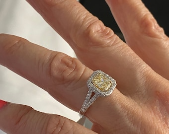 Radiant Cut Yellow Diamond Engagement Ring, 18k White Gold, Double Halo
